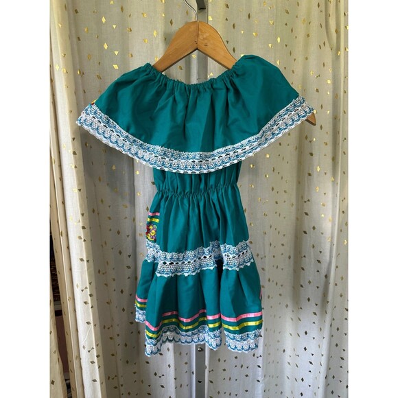 Vintage Girls Frill Bardot Floral Embroidered Crochet Lace Trim Tiered Dress 3/4 - Picture 3 of 3